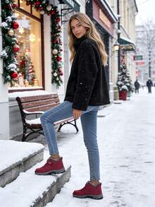 Women's Faux Fur Snow Boots, Waterproof Winter Boots With Fleece Lining, Slip Resistant Hiking Boots For Women, Warm Ankle Boots With Lace-Up - Cozy Winter Gift - 紅色 - 查看 8