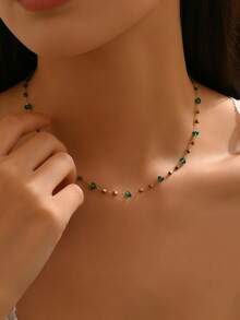 1pc Irregular Emerald Green Stone Stainless Steel Necklace Women's Fashionable Elegant Necklace, Lightweight Waterproof Versatile Choker Necklace For Daily Wear, Party, Date, And Vacation (The Number Of Beads Is Random) - Gold - View 2