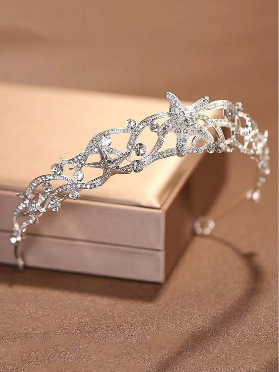 1pc Elegant New Bride Crown Headpiece, Rhinestone Starfish Alloy Hair Accessory, Wedding Dress Ceremony Decor - Starfish - View 1