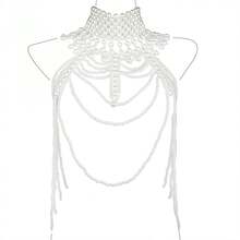 1pc Handmade Woven White Faux Pearl Necklace/Body Chain, Unisex, Beaded Necklace For Women, Suitable For Wedding, Party, Carnival, Fashion Show, Gift - White - View 10