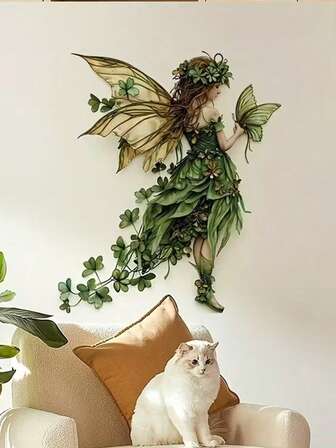 Gröna väggklistermärken med älvor och fjärilar - självhäftande och avtagbar PVC-fantasiväggkonst, förtrollande skogsscen, sovrum i medeltida stil, vardagsrum eller julklappsdekoration.