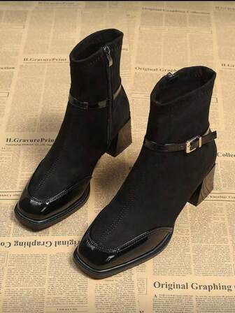 Retro European Style! Burgundy Suede & Patent Leather Patchwork Ankle Boots, 2025 New Arrival Square Toe Side Zipper Design, Slim Fit, Perfect For Autumn/Winter, French British Style Women Boots!