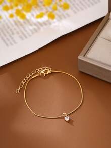 Nooxian 1pc Fashionable Women's Bracelet, Gold Heart Pendant Stainless Steel Chain Bracelet, Minimalist Everyday Jewelry (No Gift Box) - Yellow Gold - View 2