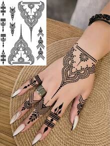 4张海娜临时纹身贴纸，性感手部纹身，黑色海娜纹身，开斋节礼物，防水曼陀罗曼海蒂模板，适用于节日、婚礼、派对、斋月装饰，女士适用 - 黑色 - 查看 7