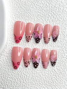 10pcs Sweet Girl Nail Stickers Set, Acrylic Nail Art Kit, Brown Wavy, Leopard, Striped Nail Decals, Hand-Painted Pink 5-Petal Sculptural Flower Nail Accessories, Rose Pink & White Nail Polish, Includes Nail Tools (1 Jelly Sticker + 1 Nail File), 3 Sizes: Almond, Duck Mouth, Coffin Shape Nails Nail Supplies - 彩色 - 查看 14