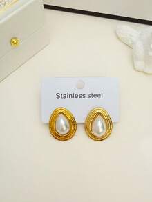9 Pairs Vintage Luxurious Fashion Gold-Tone Pearl Earrings & Studs, Lightweight Elegant Design With Multiple Pearl Embellishments - Gold - View 7