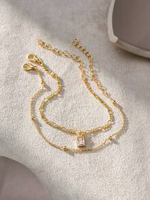 Nooxian 2pcs/Set Women's Fashion Minimalist Multi-Layer Gold Cross Chain Geometric Cubic Zirconia Copper Pendant Bracelets, Suitable For Women's Daily Casual And Holiday Wear - Yellow Gold - View 3