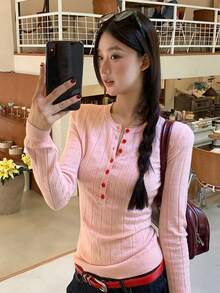 [Y6Y] 女士粉色针织亨利领长袖网纱镂空修身上衣，适合春夏休闲穿着 - 粉色 - 查看 9