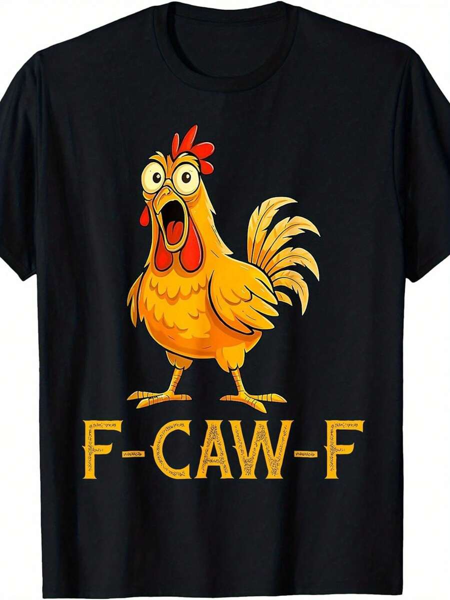 Funny F-Caw-F Chicken Sound FX T-Shirt For Men & Women - Humorous FCAWF Poultry Design With Clucking Noise Lettering, Casual Short Sleeve Round Neck Tee, Novelty Gift For Bird Lovers - 黑色 - 查看 1