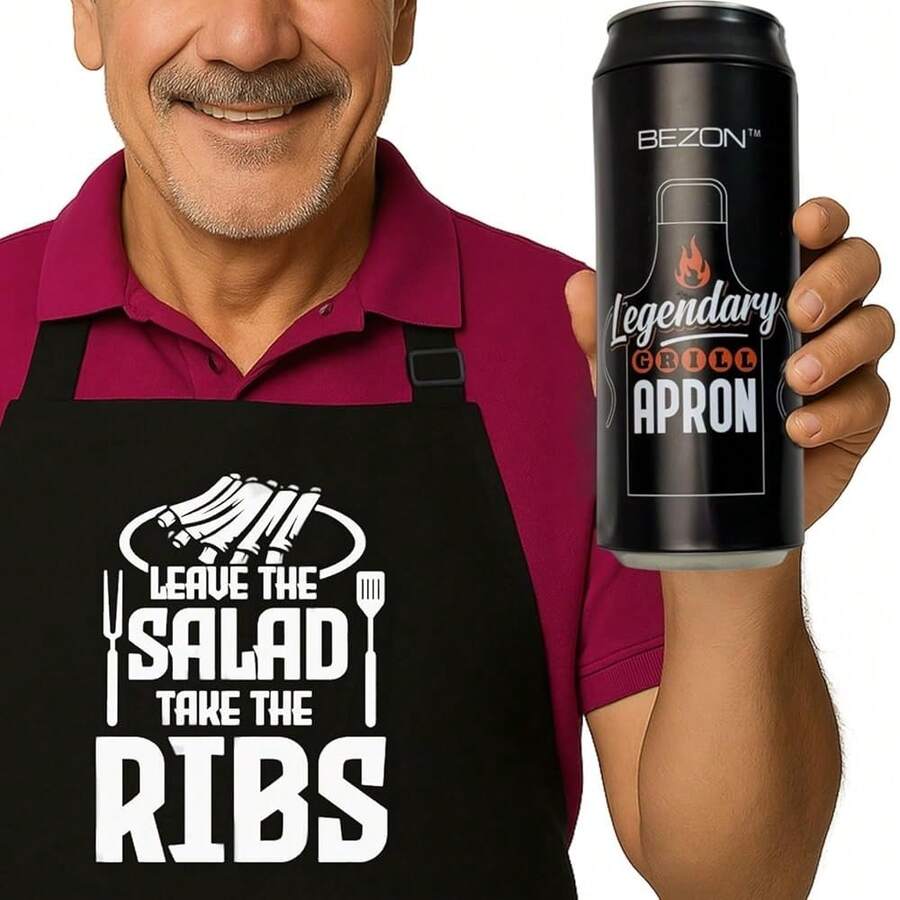 BEZON Funny Grill Apron For Men – Beer Can Gift Packaging – Hilarious BBQ Gift For Dad, Husband, Or Friend – Heavy-Duty Water-Resistant Canvas – Leave The Salad, Take The Ribs!,LeavetheSalad - 把沙拉留下. - 查看 1
