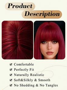 18 Inch Medium Long Straight Hair Wig With Bangs Burgundy Wigs For Women High Quality Soft Synthetic Fiber Wig For Girls Daily Party Use - Burgundy - View 8