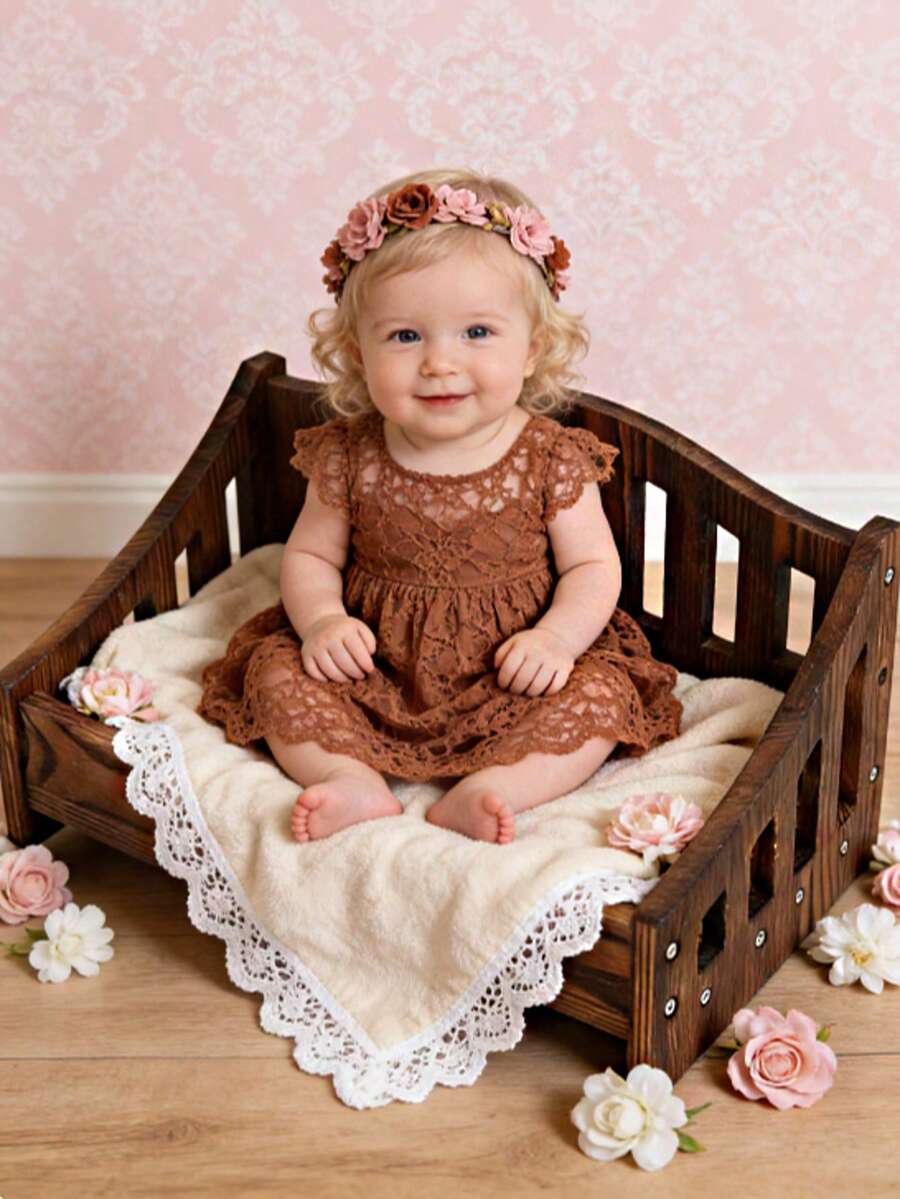 New Wooden Newborn Photography Props 100 Days Baby Photo Shoot Vintage Infant Wooden Bed Photography Accessories, Newborn Solid Wood Bed Photography Props, Removable Baby Solid Wood Original Wood Bed Photo Studio Props - 彩色 - 查看 1