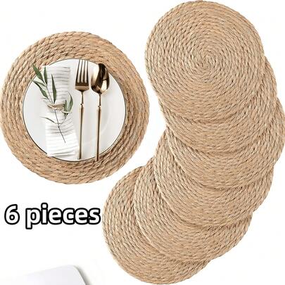 6 st 33 cm handvävda bordsunderlägg i ren natur, rustika bordsunderlägg i rotting, kinesiska teunderlägg för trädgårdsbruk, runda skål- och tallriksunderlägg och teunderlägg, värmeisoleringsdynor för kök, matsal, utomhuspicknick, julbordsdekor, heminredning, bröllopsfesttillbehör
