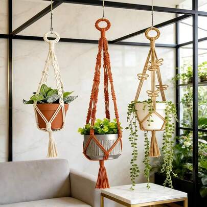 3pcs/Set Macrame Plant Hanger, Bohemian Style Indoor Potted Plant Hanging Basket, Handwoven Floral Tassel Hanging Planter Holder - Excluding Planter And Plant