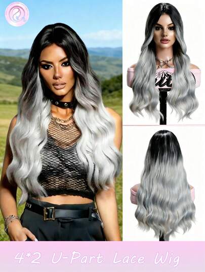 24 Inch Gradient Gray Synthetic 4 * 2U Lace Front Wig, Soft Transparent Lace Wig, Suitable For Beginners With High-Temperature Fibers, Suitable For All Women, 24 Inch Suitable For Daily Wear, Parties, Holidays, And Role-Playing