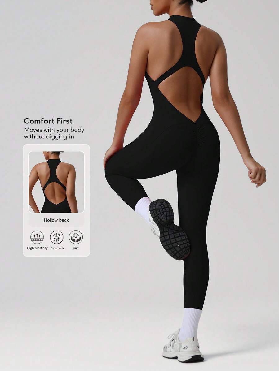 Women's Zipper Front Jumpsuit, Fitness Yoga Activewear, Backless Design, Bodycon Workout Jumpsuitsports - Black - View 1