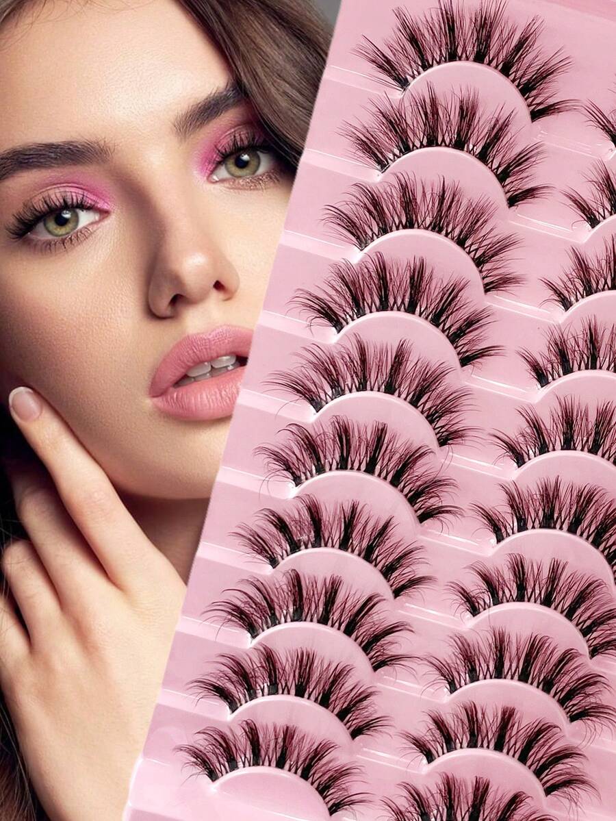 ENCHUW 10 Pairs Cat Eye Lashes With Clear Band Faux Mink Eyelashes Winged End Eye Elongated Eyelashes Fake Lashes Soft Natural Long Full Strip Lashess