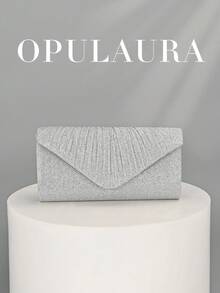 OpulAura 1件装优雅褶皱亮面女士手提包，时尚奢华女士晚宴钱包，信封式手拿包设计，带隐藏式卡槽和隔层，可拆卸金属链条肩带，适合派对女孩、新娘、节日礼物、婚礼手拿包、派对包，完美搭配节日派对礼服、晚礼服和亮片裙，尤其适合新年和其他场合。 - 銀色 - 查看 2
