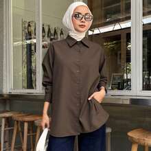 DAZY Blusa de manga larga, de un solo pecho, de corte holgado y de unicolor para mujer, de estilo informal pero de oficina, Tops de manga larga - Marrón - Ver 1