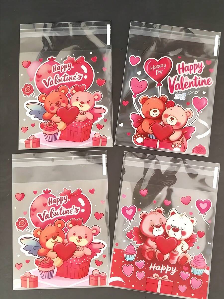 Valentinstag Fröhlicher Bär Muster Geschenkverpackungstüten, Valentinstag Party Verpackungstüten, Rotes Herz und Bär Muster Transparente selbstklebende Tüten, Vier-in-Eins gemischte Verpackung - Geeignet für verschiedene kleine Geschenkverpackungen am Valentinstag, Vier Muster werden zufällig ausgewählt. Valentinstag, Valentinsgeschenk, Geschenk für Männer, Geschenk für Frauen - Verschiedenfarbig - Übersicht 1