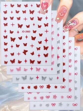 3/6/12 st söta nageldekaler, glänsande hjärtan och rosett, lämpliga för gelnaglar och naturliga naglar