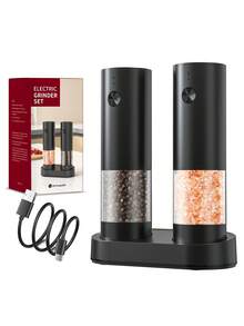 頂級 2 件組充電式電動鹽與胡椒研磨器套組，附充電底座，140ml 透明料倉，粗細可調，LED 燈，陶瓷研磨芯，頂部補料，節日入厝廚房禮物 - 彩色 - 查看 11