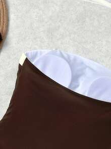 2026新款女士撞色连体泳衣，细肩带配金属扣，可拆卸肩带设计，适合海滩度假、日常派对等场合，优雅休闲夏季连体泳衣 - 棕色 - 查看 5