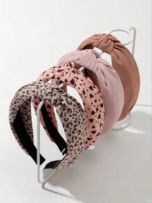 4条装女士豹纹印花布艺发带，百搭优雅，粉色调，发箍，发圈头饰发带 - 粉色 - 查看 4