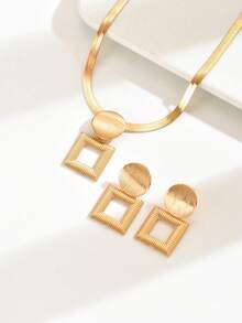 2pcs/Set New Geometric Circle & Square Pendant Necklace & Earrings Set, Minimalist Elegant Clavicle Jewelry For Daily Wear And Outings - Yellow Gold - View 3