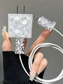 适用于苹果 18/20W 充电器适配器的 3 件套保护套，充电线头保护套 - 红色爱心图案、浅蓝色条纹图案、花卉爱心图案、波点小狗图案