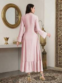 Women's Printed Minimalist Everyday Arabic Style Dress, Women's Solid Color Radish Print Patchwork Elegant Long Cinched Waist Waist Dress, Ribbon Patchwork Long Sleeve Dress, Suitable For Everyday, Dates, And Multiple Occasions - Pink - View 2