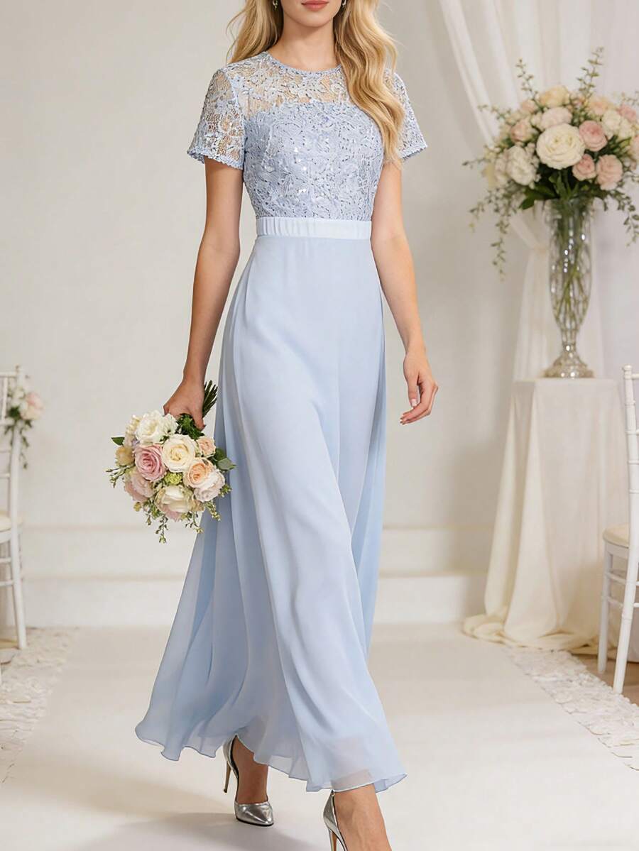 Sequin Lace Splicing Chiffon Long Dress With Round Neck For Cocktail And Party Events - 霧霾藍 - 查看 1