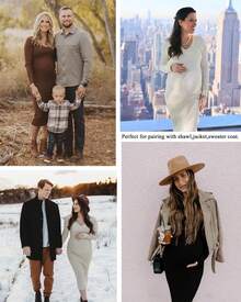 Vestido de maternidad de manga larga con cuello en V, tela elástico, ropa de embarazo para sesión de fotos, baby shower - Rojo vino - Ver 1