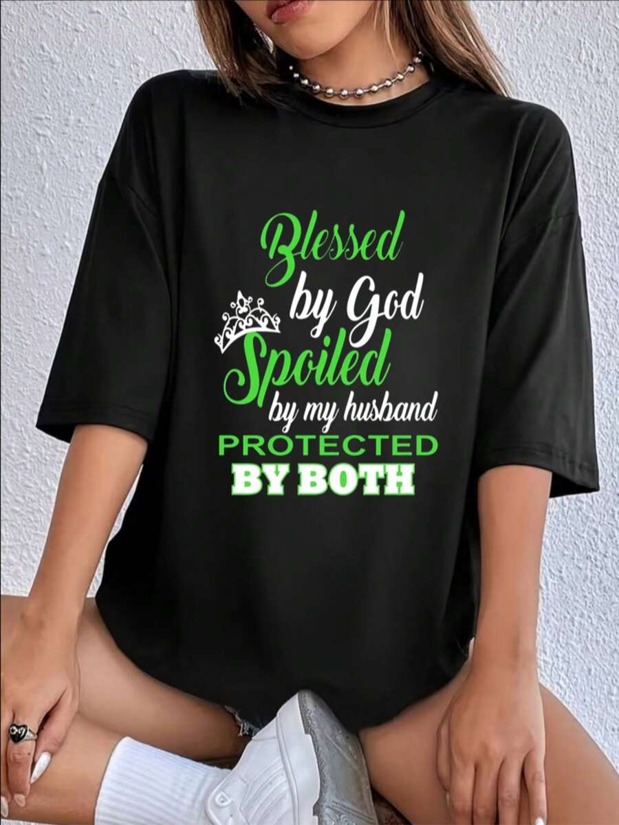 New Spring Arrival: White Short Sleeve T-Shirt With Green Text Pattern - Black - View 1