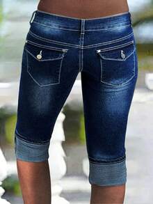 女士纽扣式紧身牛仔裤 - 深色水洗藍 - 查看 3