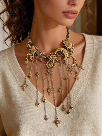 1 pieza Collar colgante con borla de diseño elegante y de alta gama con sol, luna y estrella de estilo vintage