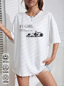 F1赛车印花宽松T恤，女士款，休闲夏季款 - 白色 - 查看 4