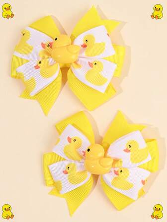 2pcs Cute Little Yellow Duck Ribbon Bow Hair Clips For Kids, Alligator Clips For Fine Hair With Duck Pattern Print Children's Hair Accessories