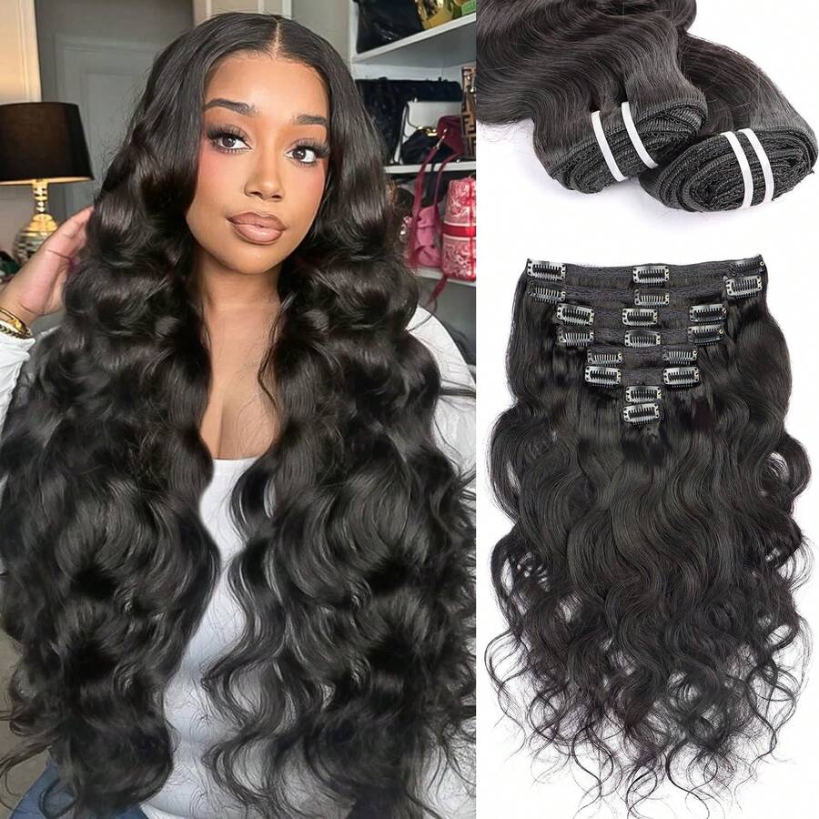 BINF Body Wave Seamless Clip In Hair Extensions, 8PCS Premium Brazilian Remy Real Human Hair, Invisible Natural Blend Full Head Hairpieces For Holiday Celebration Date Daily Styling, 8-24 Inch - Natural Black - 查看 1