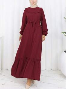 Women's Elegant Casual Solid Color Ruffle Trim Patchwork Lantern Sleeve Dress With Tie Waist, Loose Fit Long Dress For Holiday, Wedding, Daily Wear, Red Spring - Burgundy - View 3