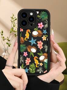 Funda de teléfono minimalista y gruesa a prueba de caídas, diseño con caballitos de mar, cocos y flores tropicales en estilo playero, look fresco y veraniego, protección para cámara, ideal para mujeres, regalo perfecto para vacaciones de verano, compatible con Apple 17/16/15/14/13/12/11/Pro/ProMax,compatible con Galaxy A34/A35/A54/A55,Galaxy S20/S21/S22/S23/S24/S25 Ultra/Plus,compatible con Moto/Galaxy/Redmi/Honor/OPPO Soft - Negro - Ver 1