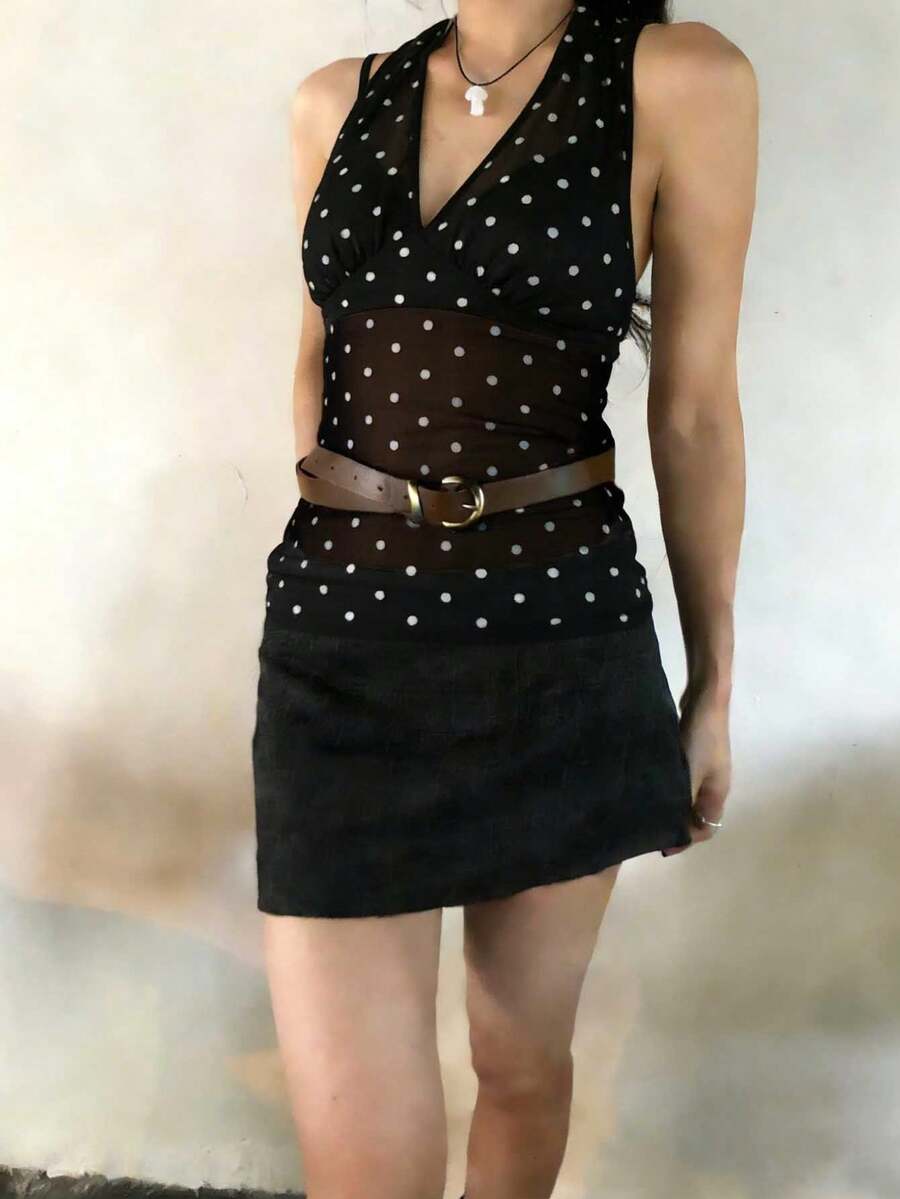 夏季休闲时尚波点印花褶皱露背吊带上衣 黑色 - 黑色 - 查看 1