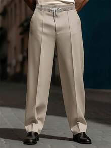 EXARUS 2-Pcs Men's Classic Commuting Trousers, Elastic Waist With Drawstring Casual Straight-Leg Pants, Business Draped-Feel Long Pants, Minimalist Wardrobe Zero-Restriction Trousers. - 黑色+卡其色 - 查看 4