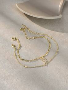 Nooxian 2pcs/Set Women's Fashion Minimalist Multi-Layer Gold Cross Chain Geometric Cubic Zirconia Copper Pendant Bracelets, Suitable For Women's Daily Casual And Holiday Wear - Yellow Gold - View 4