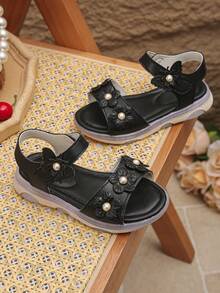 1双夏季女婴花朵图案魔术贴软底平底凉鞋（尺码偏小） - 黑色 - 查看 2