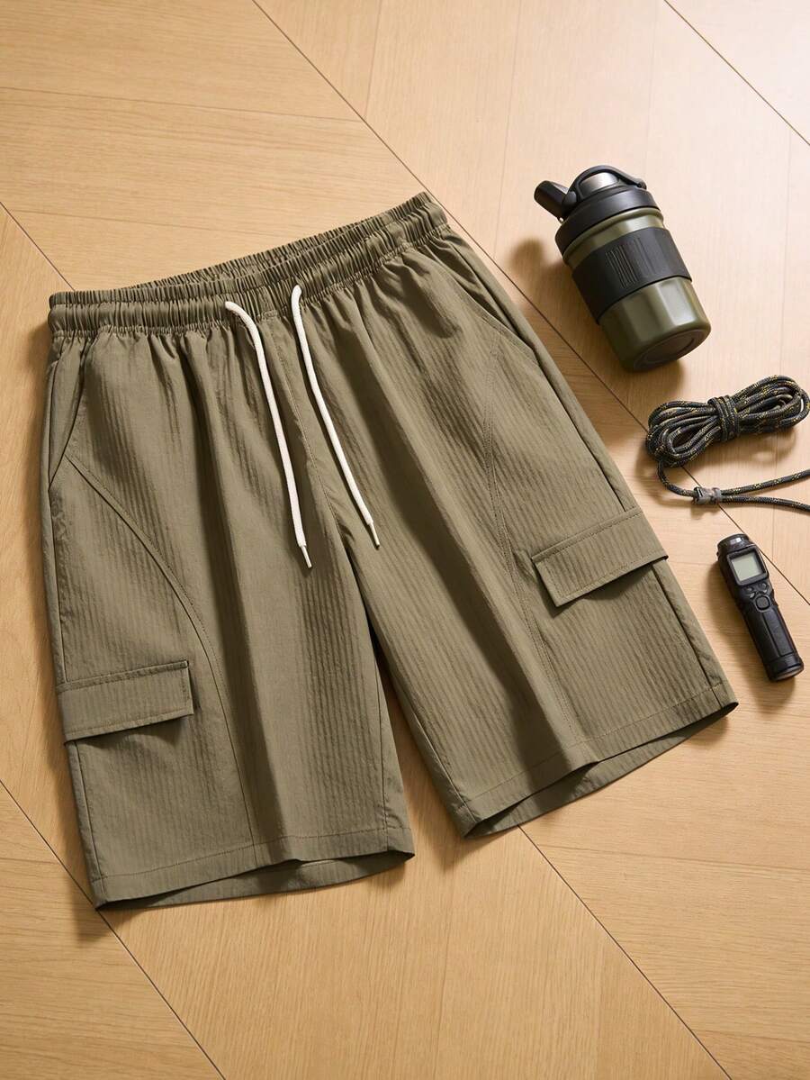 男士夏季休闲运动短裤，带抽绳和口袋，适合徒步、骑行和球类运动，是送给男朋友的理想礼物。 - 軍綠色 - 查看 1