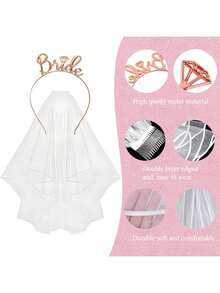 Bridal Sash And Veil, Bachelorette Party Accessories, Includes Crown, Bride Sash, Bridal Headpiece, Suitable For Bridal Shower, Rose Gold Wedding Bachelorette Party Decor, Fit For Bride, Bachelorette Party, Hen Night Games - Champagne - View 5