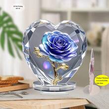 2D Acrylic Crystal Heart Sculpture With Blue Rose And Engraving, Mother's Day Gift - Elegant Desktop Decor For Home & Office, Gift For Friends & Family, Heart-Shaped Decor - Multicolor - View 4