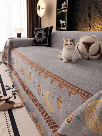 1 st. chenillefilt för soffan, stjärn- och månemönster sofföverdrag, bohemisk stil, husdjurssäkert soffskydd, maskintvättbar heminredning lämplig för L-formad sektionssoffa, loveseat och soffa, juldekoration (säljs separat)