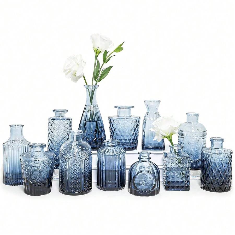 Glass Bud Vase Set Of 12, Small Blue Flower Vases For Centerpieces In Bulk, Mini Vintage Vase For Wedding, Home,Table Decoration,12Pcs,Blue - 藍色 - 查看 1
